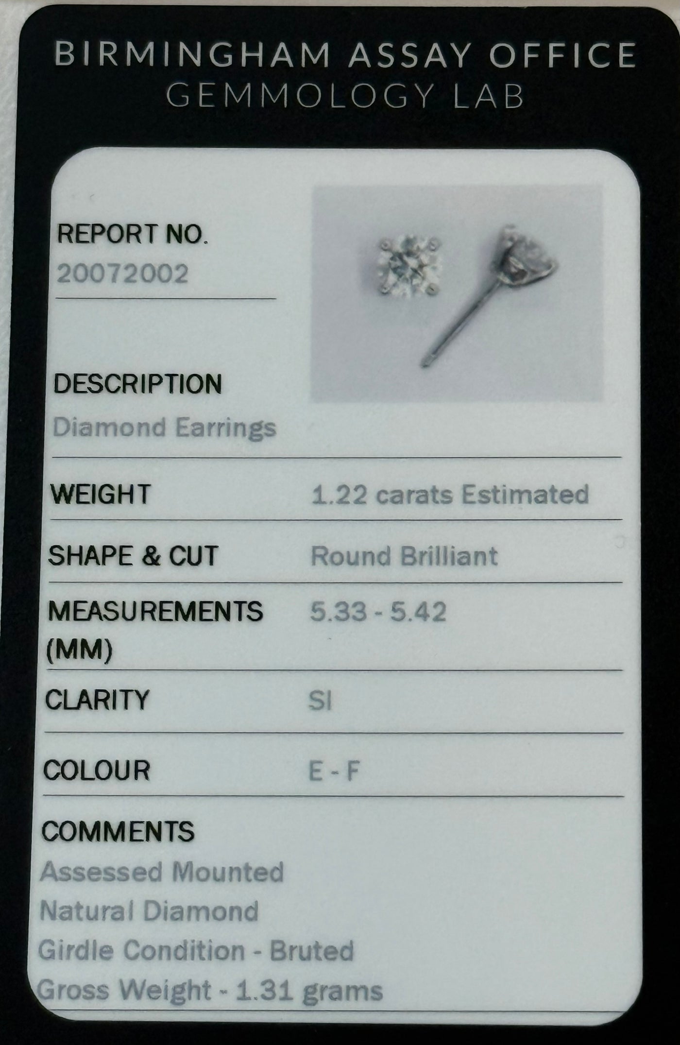 Diamond Solitaire Earrings 1.22 Ct